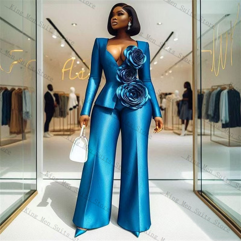 Women'S Formal Wear Wedding Guest - Blue Satin Women Suit Set 2